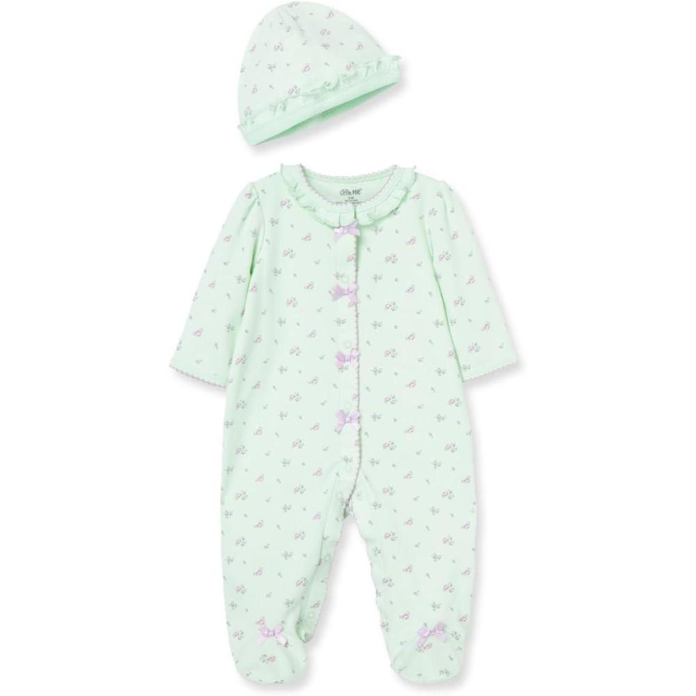 imageLittle Me Clothes for Baby Girls 100 Cotton ScratchFree Tag Footie Sleeper Preemie to 9 MonthsGreenPetite Rose