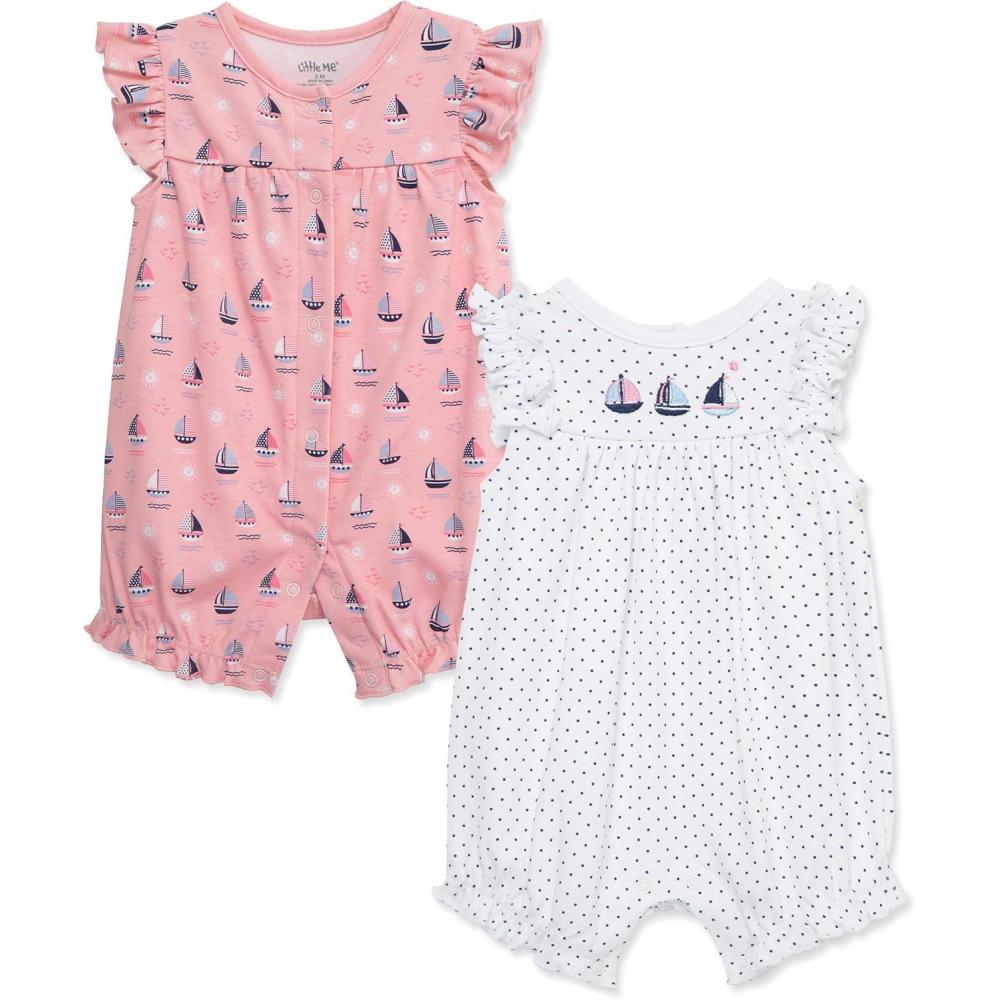 imageLittle Me Clothes for Baby Girls 2Pack Rompers 3 Months 12 MonthsPink Multi Sailboats