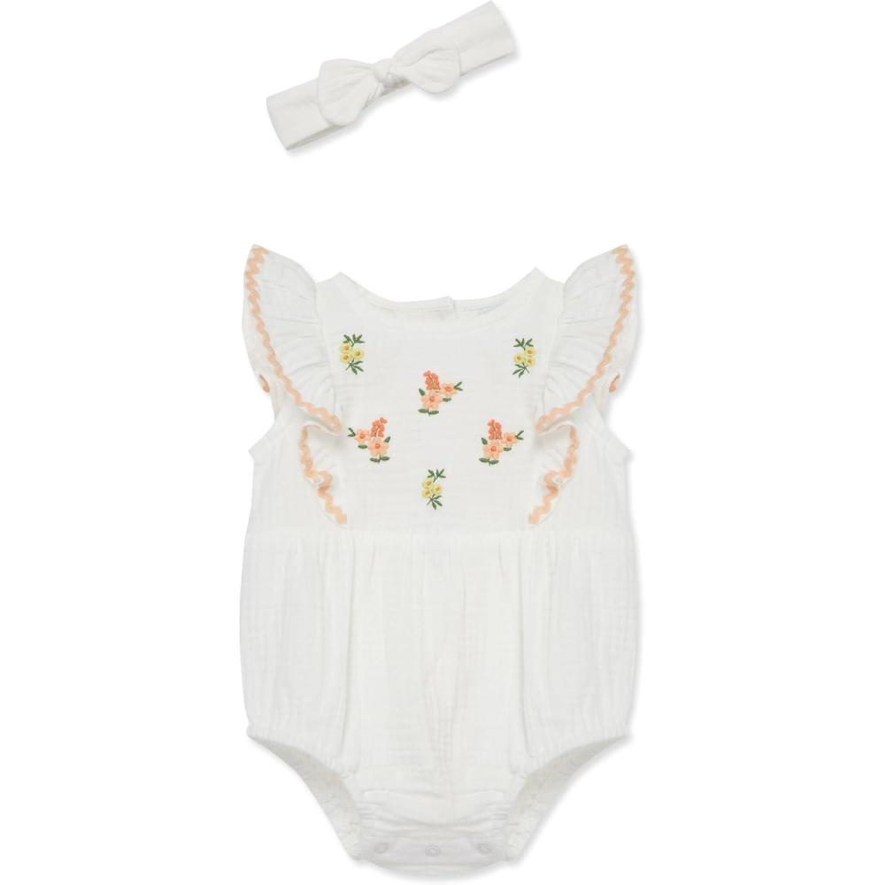 imageLittle Me Clothes for Baby Girls 100 Cotton Gauze Bubble and Coordinating Headband Set 3 Months to 12 MonthsMarsmallowPeach Pearl