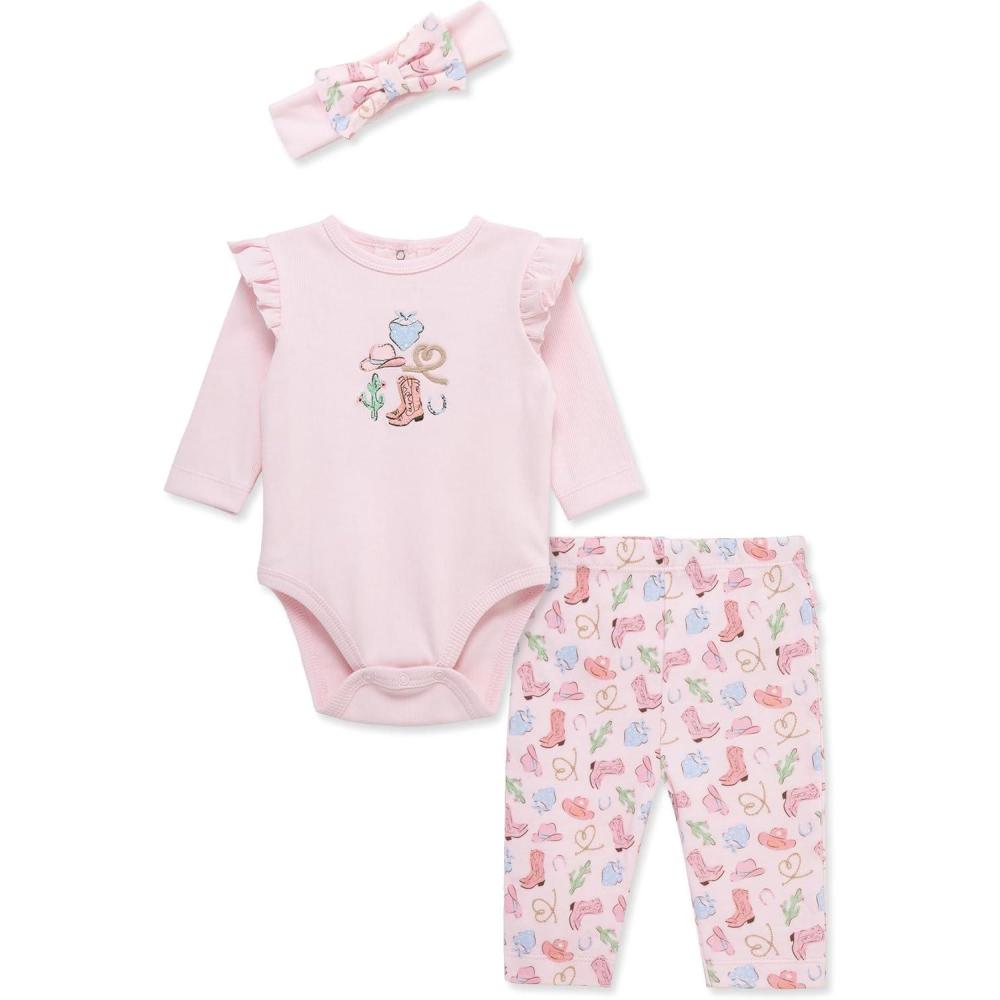 imageLittle Me Baby Girls 3Pc 100 Cotton Bodysuit Matching Headband and Pant Set 3 Months to 24 MonthsPink Western