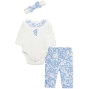 Little Me Baby Girls’ 3-Pc 100% Cotton, Bodysuit, Matching Headband and Pant Set, 3 Months to 24 Months(Blue Floral)