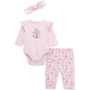 Little Me Baby Girls’ 3-Pc 100% Cotton, Bodysuit, Matching Headband and Pant Set, 3 Months to 24 Months(Pink Western)