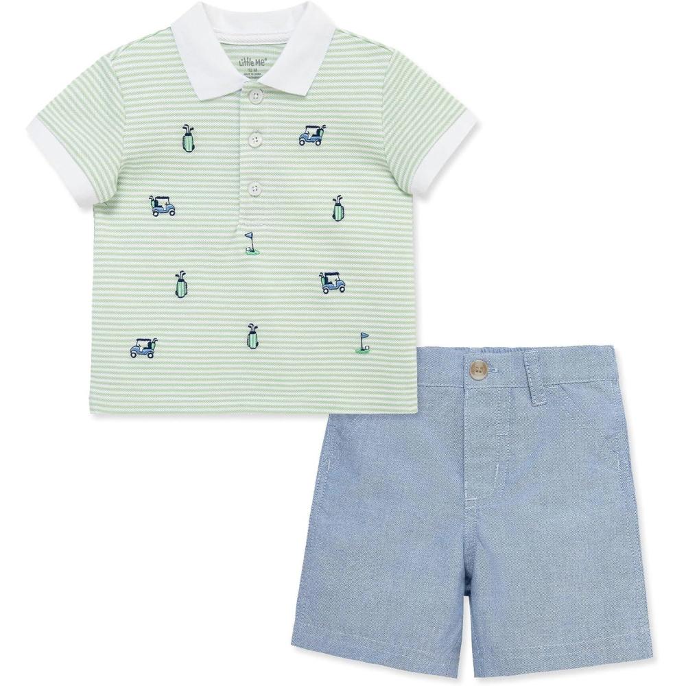 imageLittle Me Clothes for Baby Boys Cotton Polo ShortSleeve and Shorts Set 12 Months 4 ToddlerBlue Check