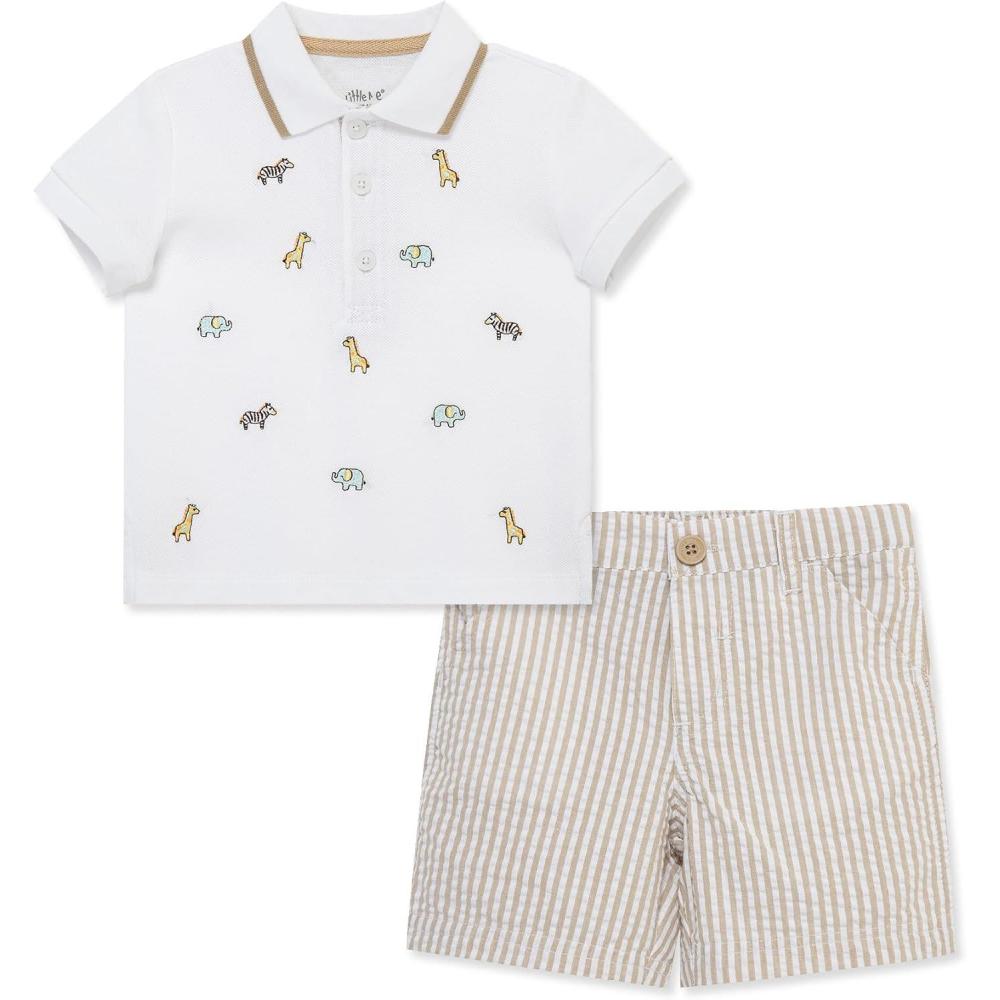 imageLittle Me Clothes for Baby Boys Cotton Polo ShortSleeve and Shorts Set 12 Months 4 ToddlerWhiteSesame