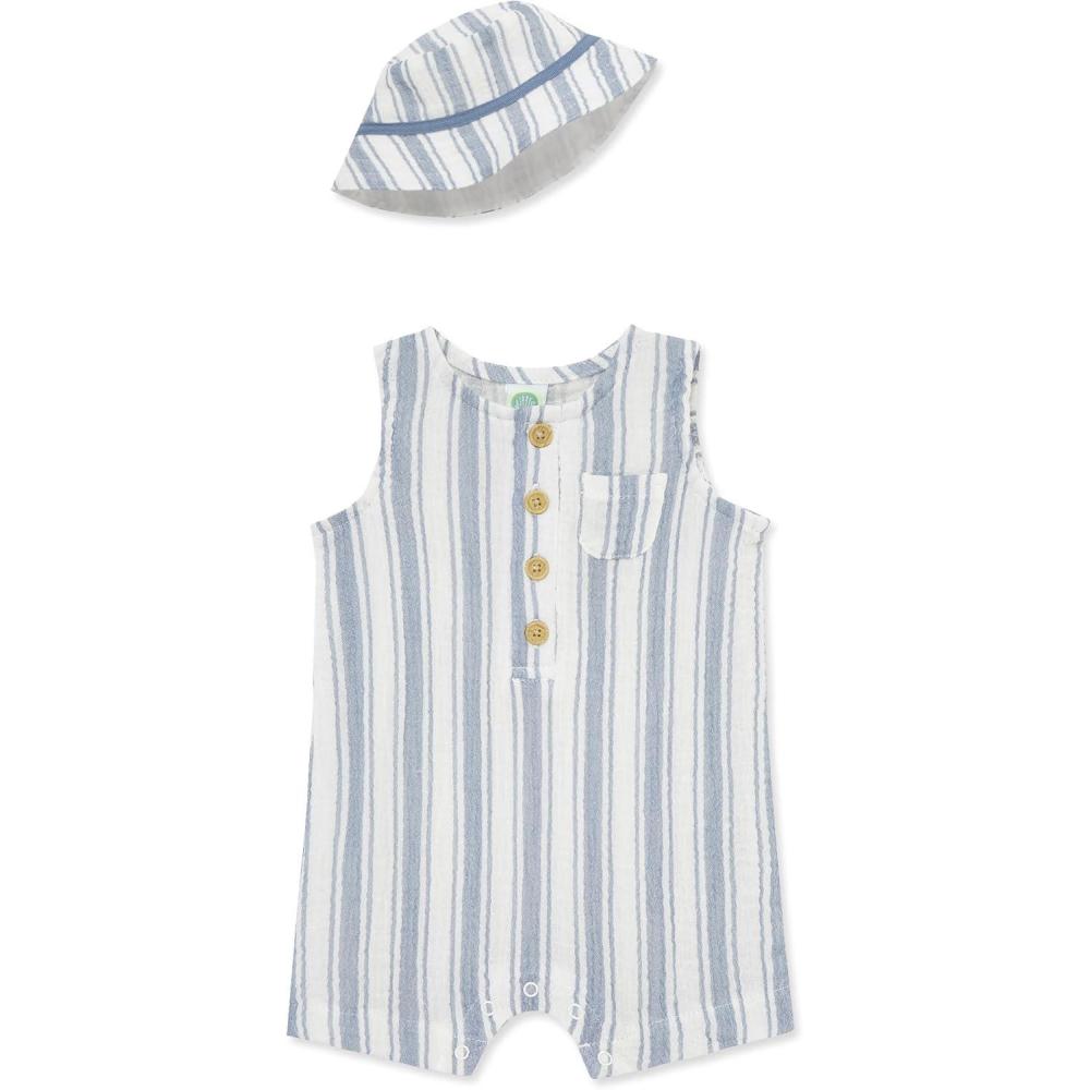 imageLittle Me Clothes for Baby Boys Gauze Romper and Hat Set 312 MonthsInfinityWhisper White