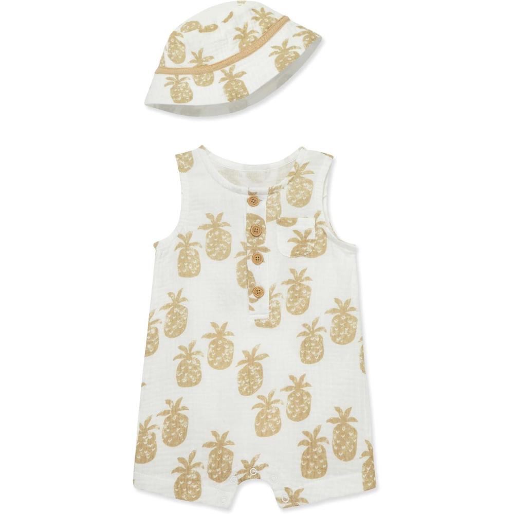 imageLittle Me Clothes for Baby Boys Gauze Romper and Hat Set 312 MonthsWhisper WhiteSesame
