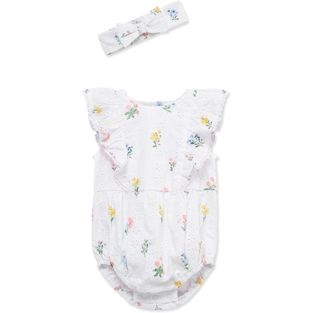 imageLittle Me Clothes for Baby Girls 100 Cotton Woven Bubble Romper and Headband Set 3 to 12 MonthsFloral Eyelet
