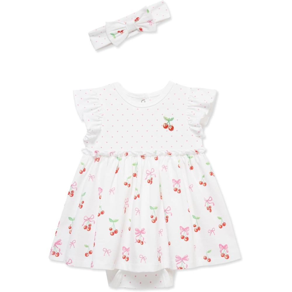 imageLittle Me Clothes for Baby Girls Popover Bodysuit Dress and Headband Set 312 MonthsWhiteRose ShadowMulti