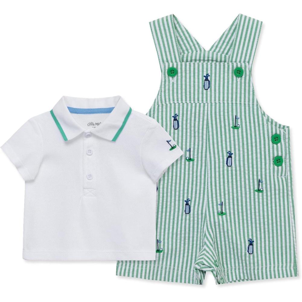 imageLittle Me Baby Boy Shortall Set 2Piece Tee Shirt and Overall Shorts Cute and Comfy OutfitsBright GreenWhite Polo
