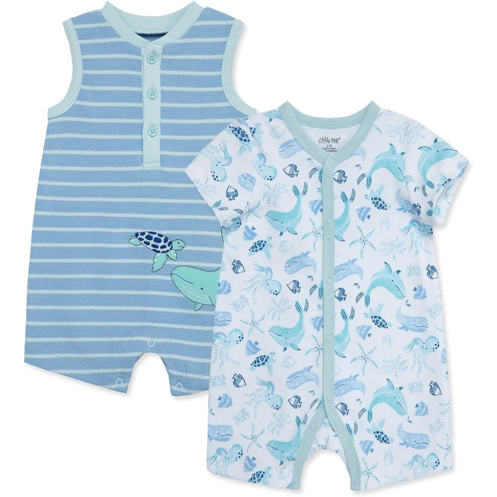 imageLittle Me Clothes for Baby Boys 2Pack Rompers 312 MonthsPlacid Blue