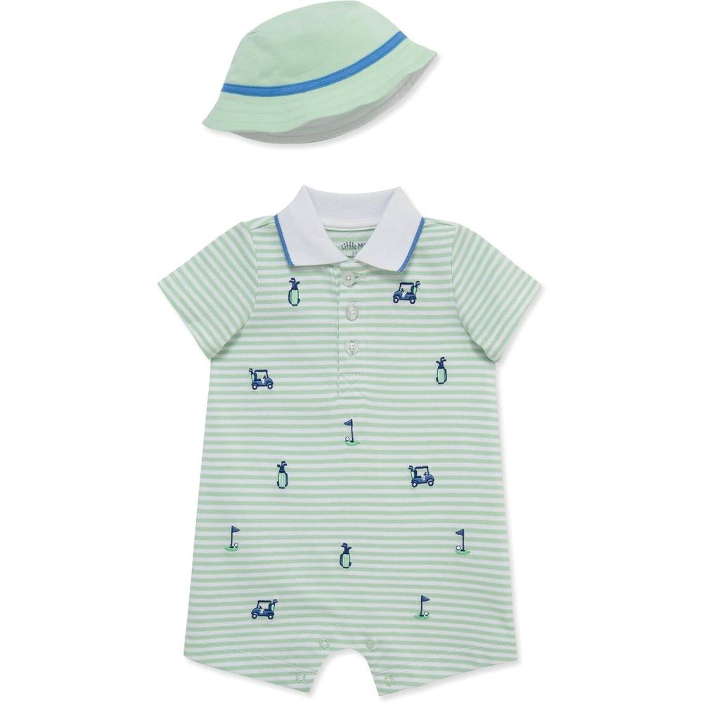 imageLittle Me Clothes for Baby Boys Soft Cotton Short Sleeve Romper Shirt and Coordinating Hat Set 3 to 12 MonthsGreen Golf