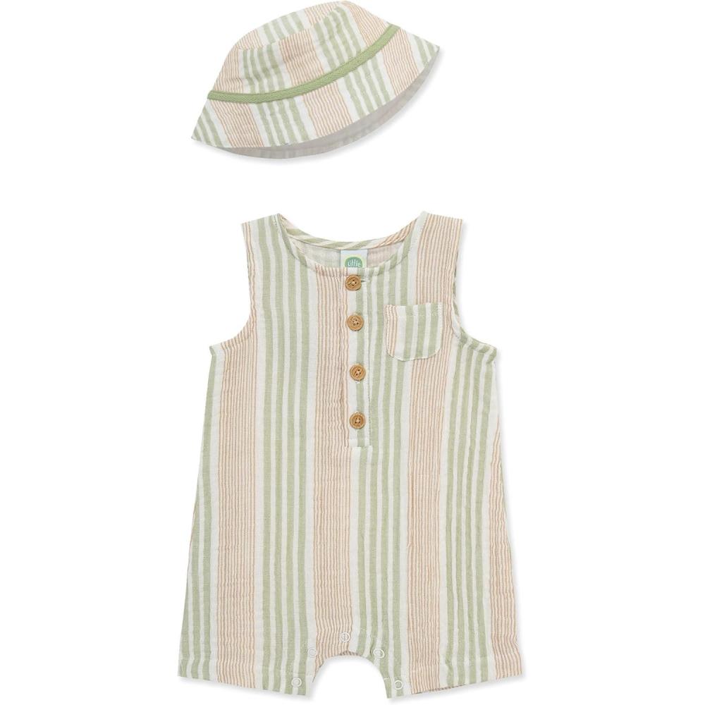 imageLittle Me Clothes for Baby Boys Soft Cotton Short Sleeve Romper Shirt and Coordinating Hat Set 3 to 12 MonthsResedaMarshmallow