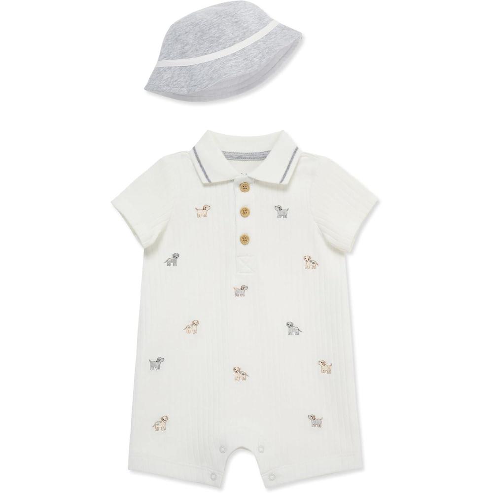 imageLittle Me Clothes for Baby Boys Soft Cotton Short Sleeve Romper Shirt and Coordinating Hat Set 3 to 12 MonthsWhite Puppy