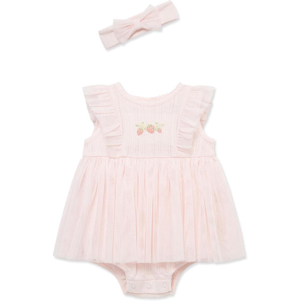 imageLittle Me Clothes for Baby Girls Popover Bodysuit Dress and Headband Set 312 MonthsBarely Pink Strawberry