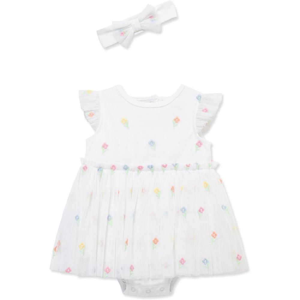 imageLittle Me Clothes for Baby Girls Popover Bodysuit Dress and Headband Set 312 MonthsBright White
