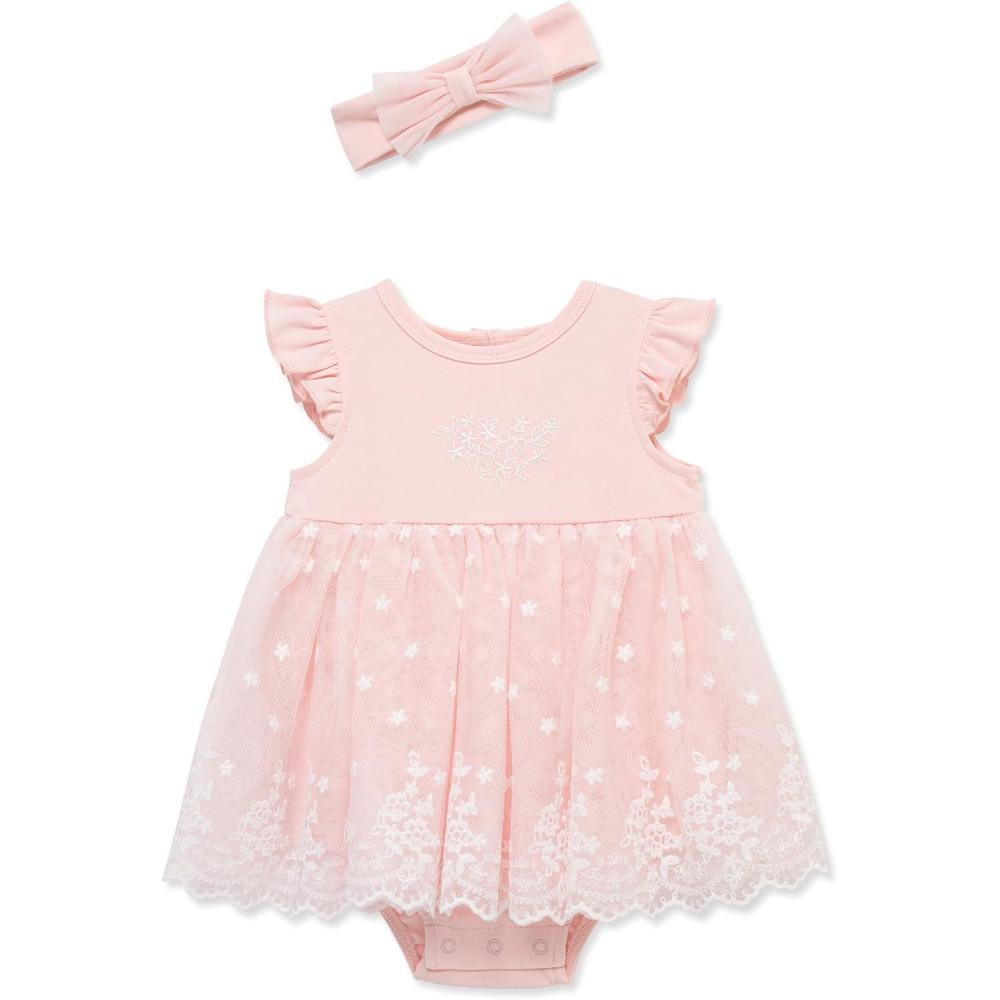imageLittle Me Clothes for Baby Girls Popover Bodysuit Dress and Headband Set 312 MonthsPink Almond
