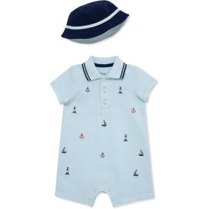 Little Me Clothes for Baby Boys’ Soft Cotton Short Sleeve Romper Shirt and Coordinating Hat Set, 3 to 12 Months(Blue)