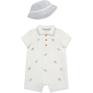 Little Me Clothes for Baby Boys’ Soft Cotton Short Sleeve Romper Shirt and Coordinating Hat Set, 3 to 12 Months(White Puppy)