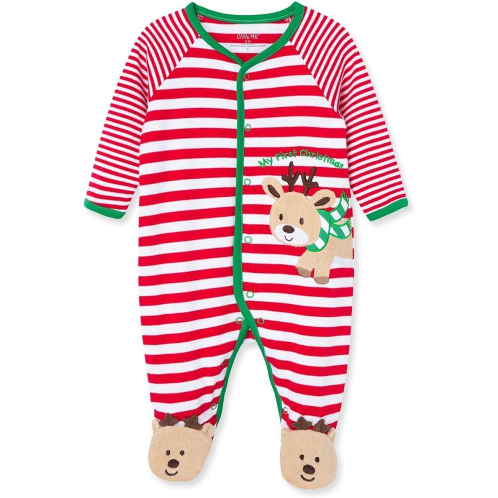 imageLittle Me Clothes for Baby Boys and Girls Holiday Footies Rompers Sleepers Newborn to 6 MonthsReindeer Stripe Footie