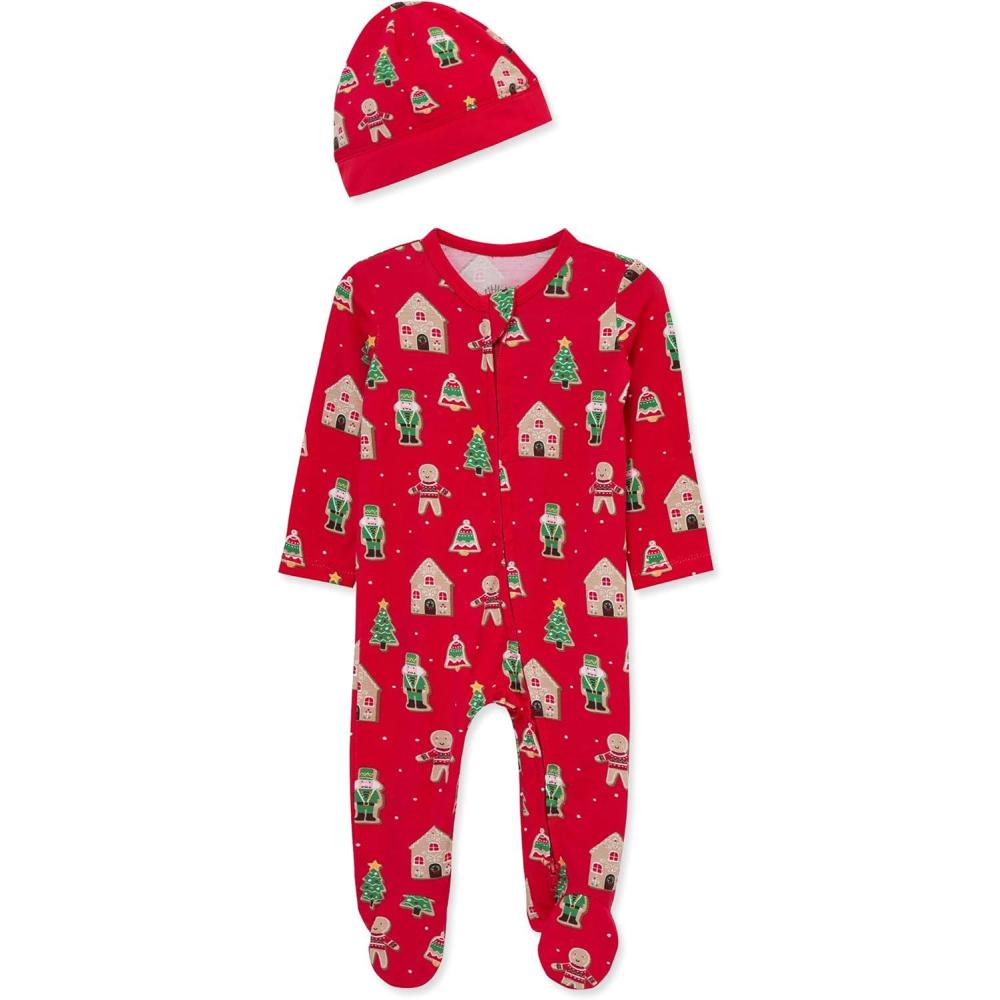 imageLittle Me Clothes for Baby Gender Neutral Viscose from Bamboo Zipper Closure Holiday Footie Pajamas Newborn to 9 MonthsLipstick Red Ginderbread
