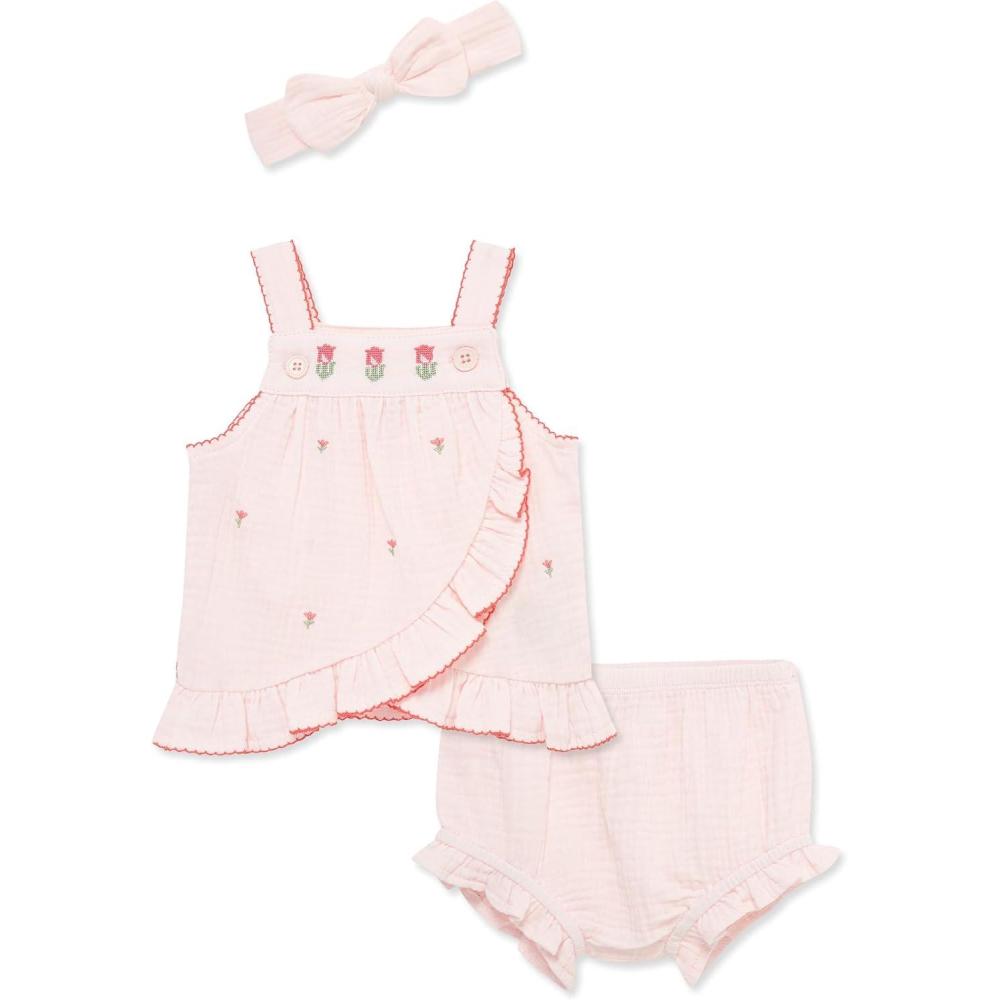 imageLittle Me Clothes for Baby Girls Woven Sunsuit and Headband Set 312 MonthsPink Tulip