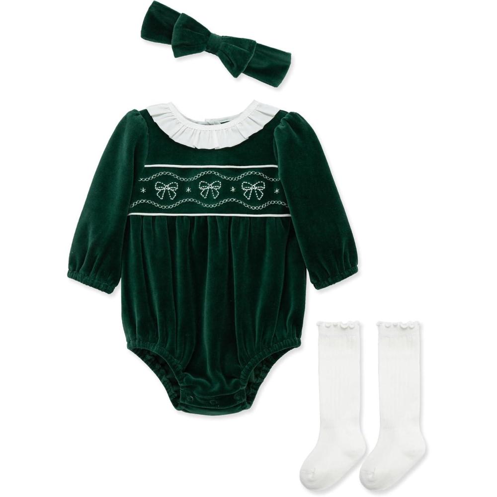 imageLittle Me Clothes for Baby Girls Bubble Set Matching Romper Headband and Socks 3 Months to 12 MonthsDark Green