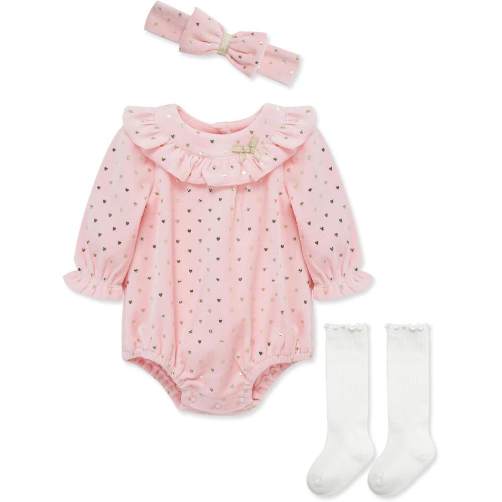 imageLittle Me Clothes for Baby Girls Bubble Set Matching Romper Headband and Socks 3 Months to 12 MonthsPink