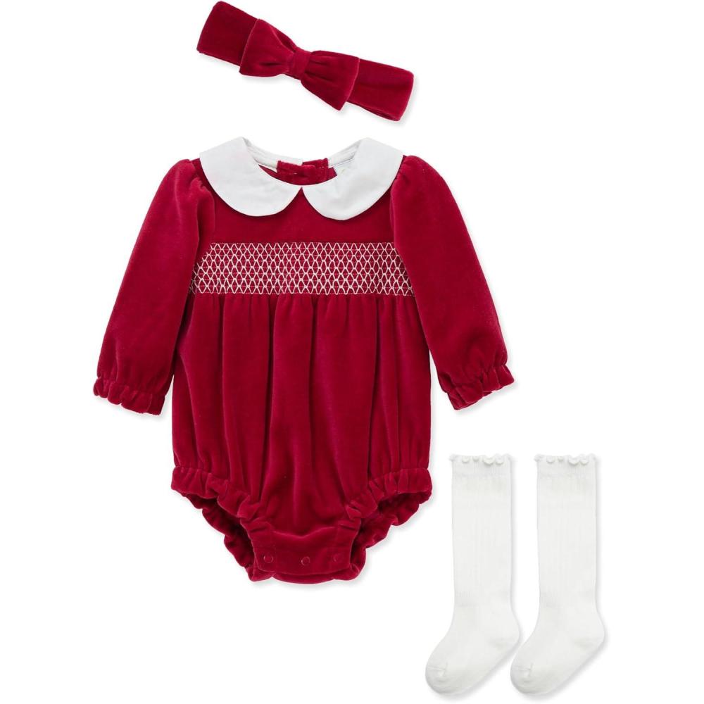 imageLittle Me Clothes for Baby Girls Bubble Set Matching Romper Headband and Socks 3 Months to 12 MonthsRed