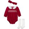 Little Me Clothes for Baby Girls’ Bubble Set, Matching Romper, Headband, and Socks, 3 Months to 12 Months(Red)