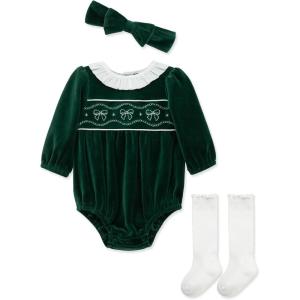 Little Me Clothes for Baby Girls’ Bubble Set, Matching Romper, Headband, and Socks, 3 Months to 12 Months(Dark Green)