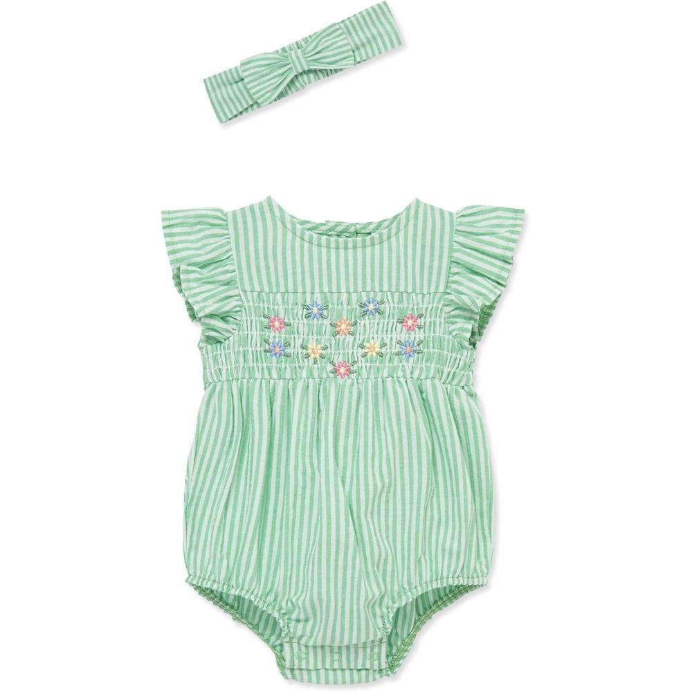 imageLittle Me Clothes for Baby Girls 100 Cotton Woven Bubble Romper and Headband Set 3 to 12 MonthsGreen Stripe