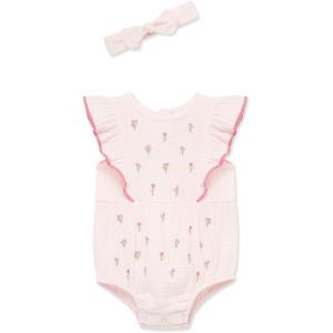 Little Me Clothes for Baby Girls’ 100% Cotton Woven Bubble Romper and Headband Set, 3 to 12 Months(Pink Tiny Flowers)