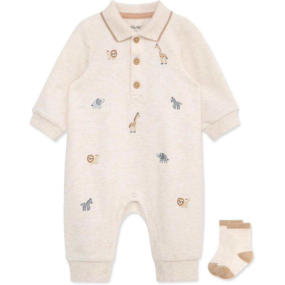imageLittle Me Clothes for Baby Boys Snap Closure Coverall and Matching Socks Set 3 Months to 12 MonthsOatmeal Heather Safari