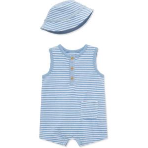 Little Me Clothes for Baby Boys’ Terry Romper and Coordinating Hat Set, 3 Months to 12 Months(Blue Bell/White)