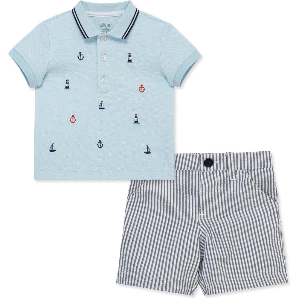 imageLittle Me Clothes for Baby Boys Organic Cotton 2Piece Short and Shirt Set 12 Months 4 ToddlerNavy