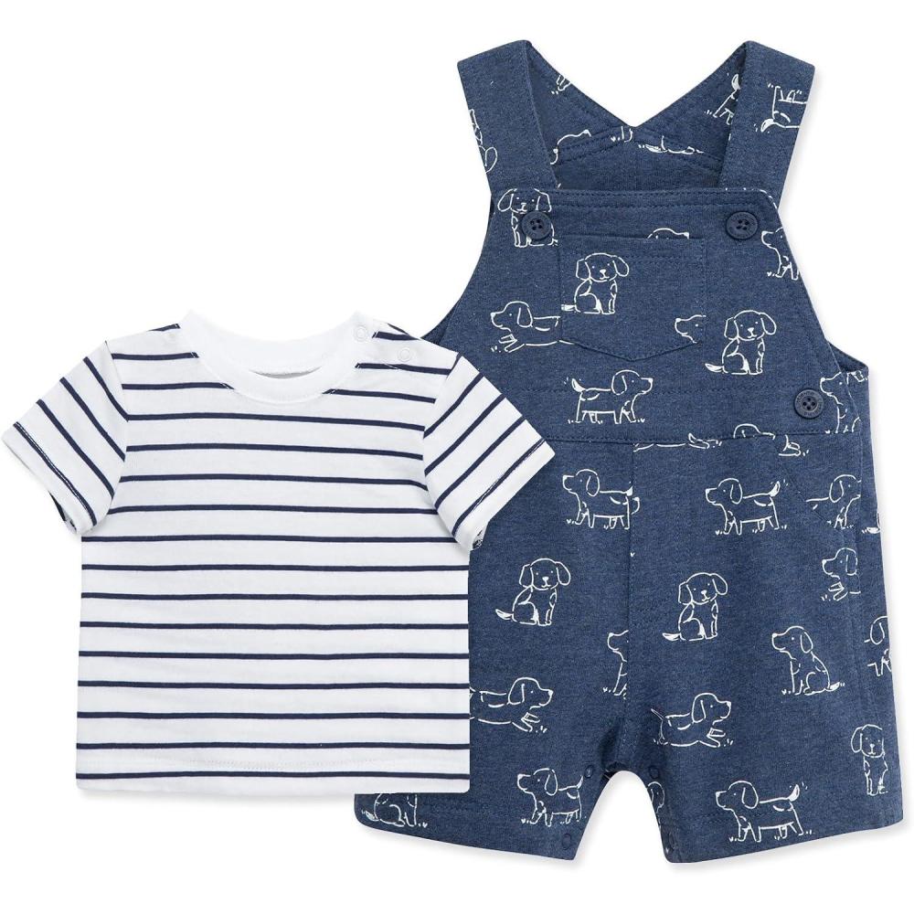 imageLittle Me Clothes for Baby Boys Puppies Knitted TShirt and Shortall Set Dark Denim Heather 12 Months