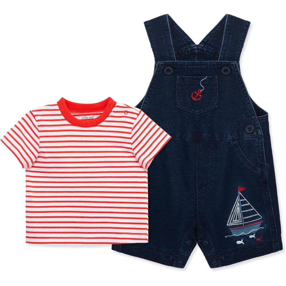 imageLittle Me Clothes for Baby Boys Sailboat Knitted TShirt and Shortall Set Dark Knit Denim 12 Months
