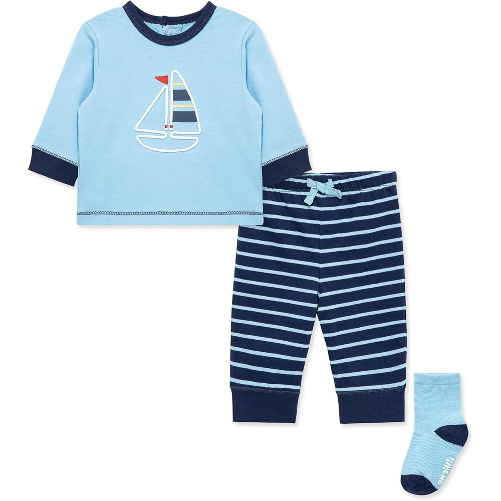 image:imageLittle Me Baby Boys 3Piece Jogger Set Crew Neck Shirt Stripe Pant and Coordinating SocksBaltic Blue