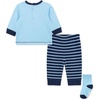 Little Me Baby Boys’ 3-Piece Jogger Set, Crew Neck Shirt, Stripe Pant, and Coordinating Socks(Baltic Blue)
