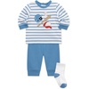 Little Me Baby Boys’ 3-Piece Jogger Set, Crew Neck Shirt, Stripe Pant, and Coordinating Socks(Silver Lake Blue/White)