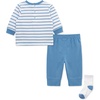 Little Me Baby Boys’ 3-Piece Jogger Set, Crew Neck Shirt, Stripe Pant, and Coordinating Socks(Silver Lake Blue/White)