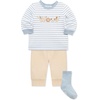 Little Me Baby Boys’ 3-Piece Jogger Set, Crew Neck Shirt, Stripe Pant, and Coordinating Socks(Tan Woof)