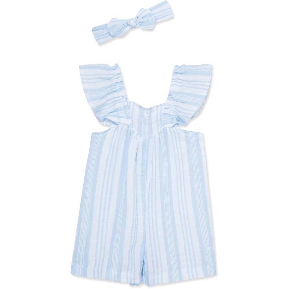image:imageLittle Me Clothes for Baby Girls 100 Cotton Woven Romper and Headband SetPlacid Blue