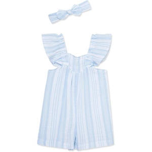 Little Me Clothes for Baby Girls’ 100% Cotton Woven Romper and Headband Set(Placid Blue)